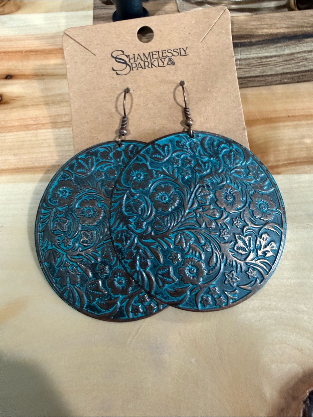 Teal Embossed Round Drop Earrings